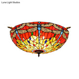Dragonfly Ceiling Tiffany Brass Stained Glass Flush Mount Light - 5 Lights 21.5’/25.5’ Width