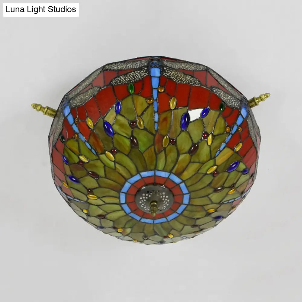 Dragonfly Ceiling Tiffany Brass Stained Glass Flush Mount Light - 5 Lights 21.5’/25.5’ Width
