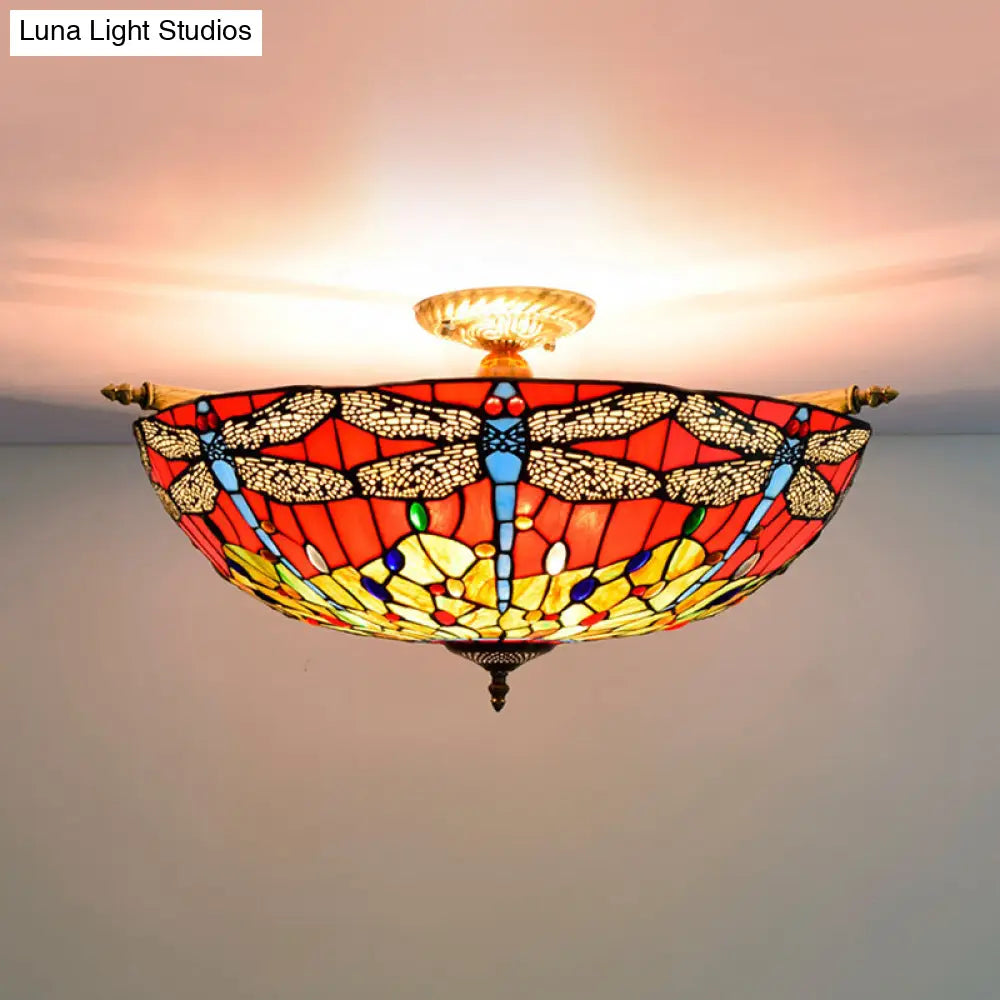 Dragonfly Ceiling Tiffany Brass Stained Glass Flush Mount Light - 5 Lights 21.5’/25.5’ Width