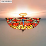Dragonfly Ceiling Tiffany Brass Stained Glass Flush Mount Light - 5 Lights 21.5’/25.5’ Width