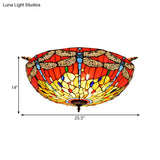 Dragonfly Ceiling Tiffany Brass Stained Glass Flush Mount Light - 5 Lights 21.5’/25.5’ Width