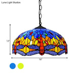 Dragonfly Chandelier Pendant - Mediterranean Blue/Green Stained Glass Kitchen Lighting 1/2 Lights