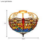 Dragonfly Cut Glass Semi Flush Mount Ceiling Light Fixture - Mediterranean Style 3 Lights