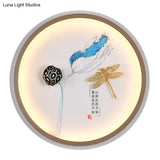 Dragonfly Led Wall Lamp In Asian Style: Yellow And Blue Circle Metallic Mural For Hallway Lighting
