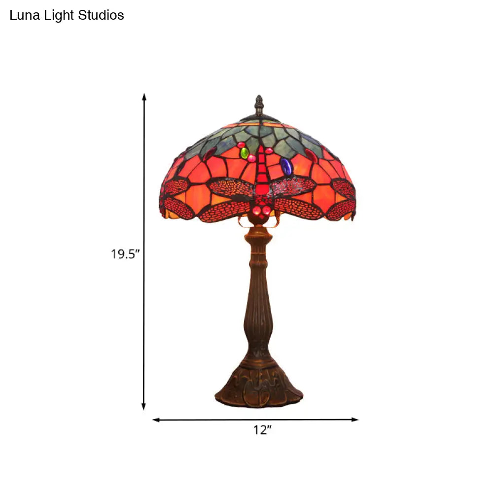 Dragonfly Patterned Tiffany Stained Glass Nightstand Light In Bronze
