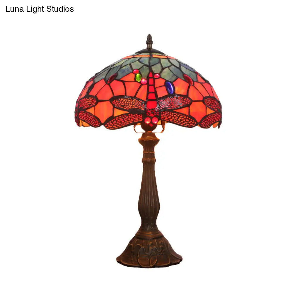 Dragonfly Patterned Tiffany Stained Glass Nightstand Light In Bronze