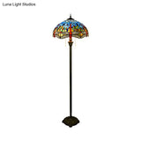 Dragonfly Stained Art Glass Tiffany Floor Lamp - 2 Heads Blue With Pull Chain