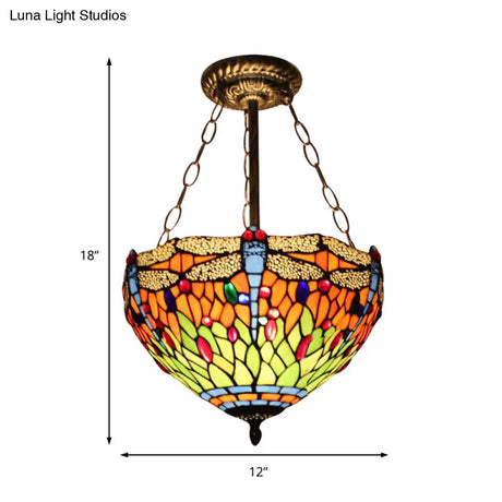 Dragonfly Stained Glass Ceiling Light - Rustic Tiffany Inverted Semi Flush Lamp (12’/16’ Wide