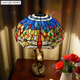 Dragonfly Stained Glass Night Light Mediterranean Style 2-Bulb Table Lamp | Pull Chain & Elk Decor