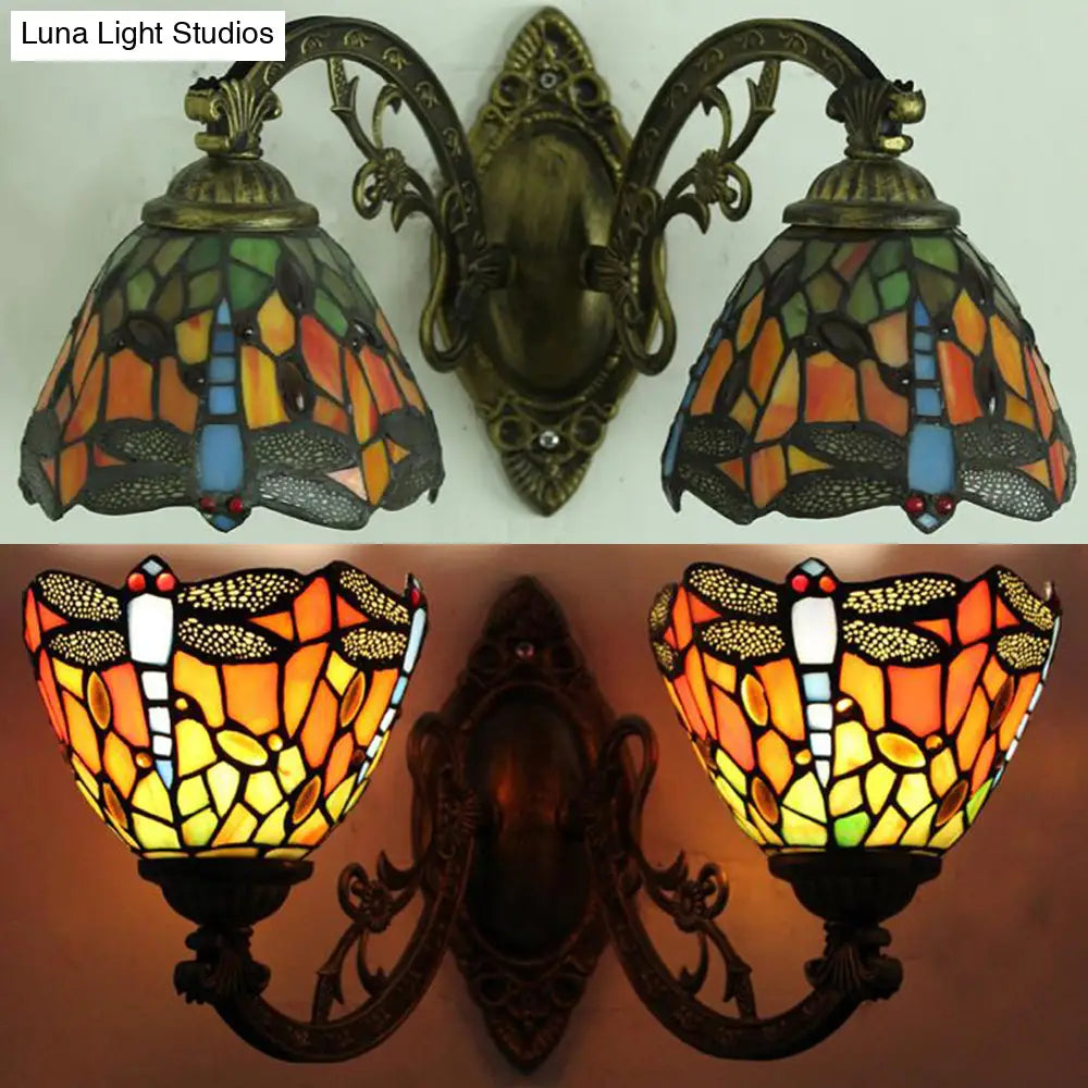 Dragonfly Stained Glass Sconce Lamp For Rustic Bedroom Wall - Double Light With Curved Arm