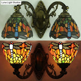Dragonfly Stained Glass Sconce Lamp For Rustic Bedroom Wall - Double Light With Curved Arm