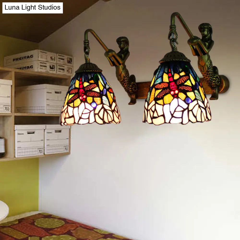 Dragonfly Stained Glass Wall Sconce Light Baroque - 2-Head Pink Lighting For Bedroom