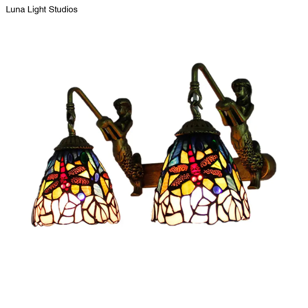 Dragonfly Stained Glass Wall Sconce Light Baroque - 2-Head Pink Lighting For Bedroom