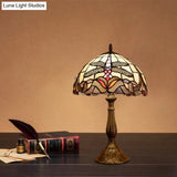 Dragonfly Table Light: Baroque 1-Light Stained Glass Night Lamp In Bronze With Bowl Shade