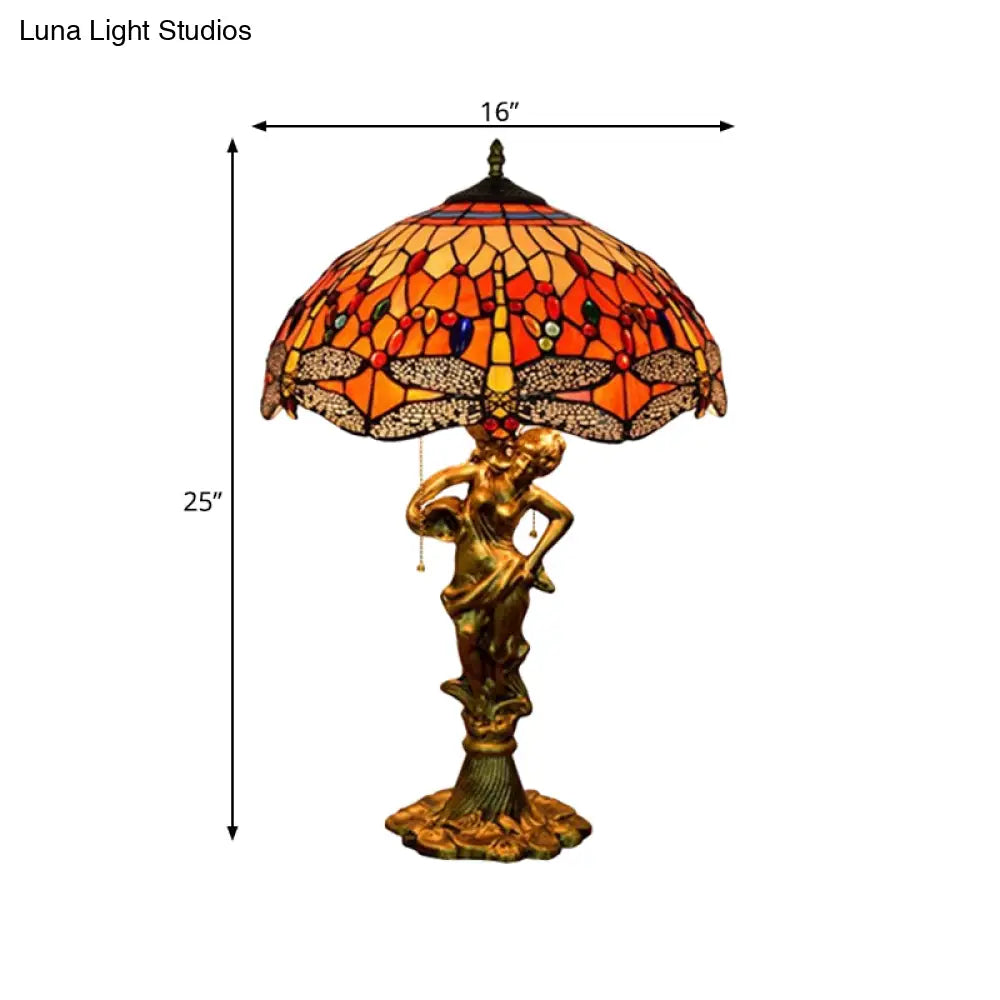Dragonfly Tiffany Nightstand Lamp - 3-Light Glass Table Light In Yellow/Orange/Blue With Pull Chain