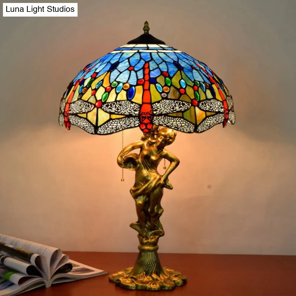 Dragonfly Tiffany Nightstand Lamp - 3-Light Glass Table Light In Yellow/Orange/Blue With Pull Chain