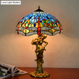 Dragonfly Tiffany Nightstand Lamp - 3-Light Glass Table Light In Yellow/Orange/Blue With Pull Chain