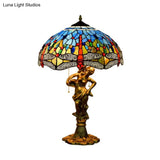 Dragonfly Tiffany Nightstand Lamp - 3-Light Glass Table Light In Yellow/Orange/Blue With Pull Chain
