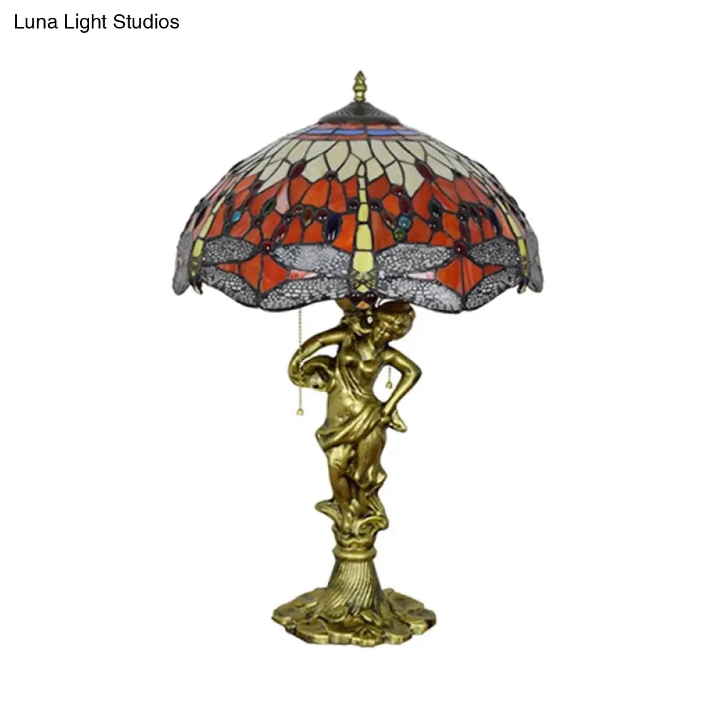 Dragonfly Tiffany Nightstand Lamp - 3-Light Glass Table Light In Yellow/Orange/Blue With Pull Chain