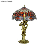 Dragonfly Tiffany Nightstand Lamp - 3-Light Glass Table Light In Yellow/Orange/Blue With Pull Chain