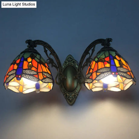 Dragonfly Tiffany Vanity Lamp - Elegant 2-Light Wall Sconce For Mirror Cabinet