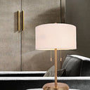 Drum Desk Lamp With Traditional Design - Black/White/Gold Fabric Ideal For Bedroom Metal Base White