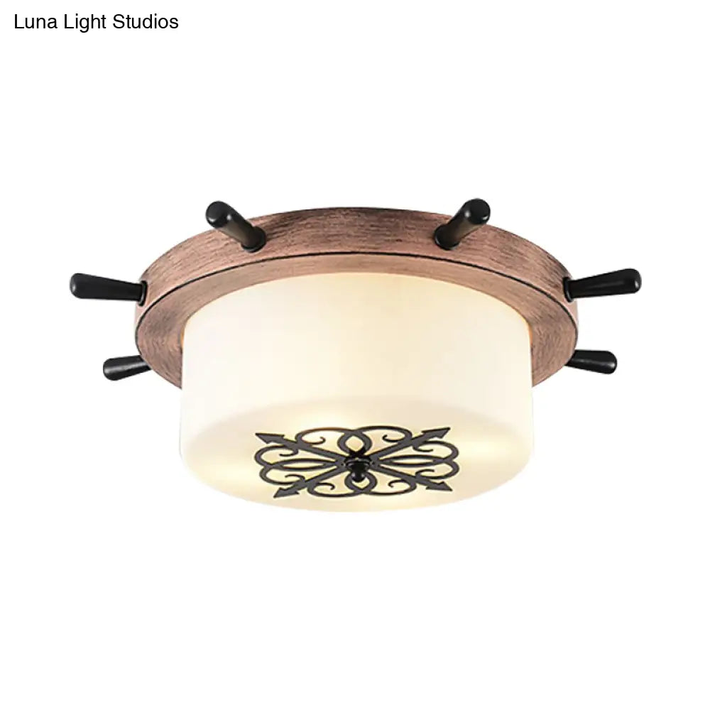 Drum Parlor Flush Mount Light - Modern Led Ceiling Fixture With Unique Rudder Design In Brown/Blue