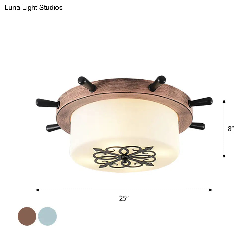 Drum Parlor Flush Mount Light - Modern Led Ceiling Fixture With Unique Rudder Design In Brown/Blue