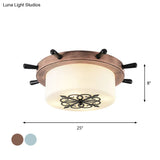 Drum Parlor Flush Mount Light - Modern Led Ceiling Fixture With Unique Rudder Design In Brown/Blue