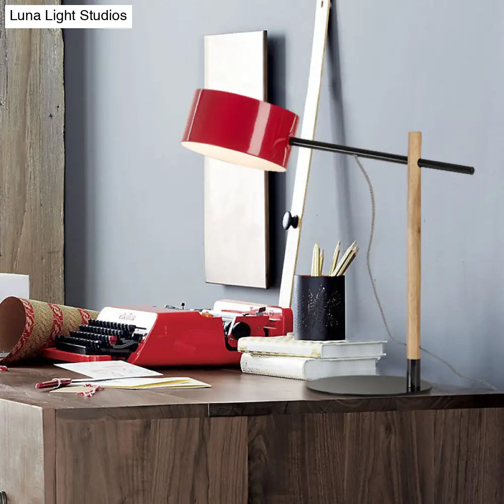 Drum Shade Desk Lamp - Contemporary Steel 1 Light Red/White Reading For Study Room