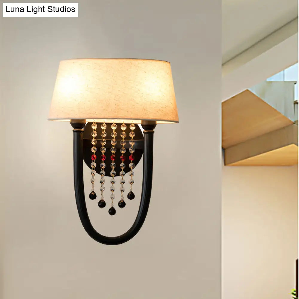Drum Wall Sconce: Lodge Style Fabric Lamp With Crystal Bead Detail 2 Bulbs And U-Shaped Arm In Black