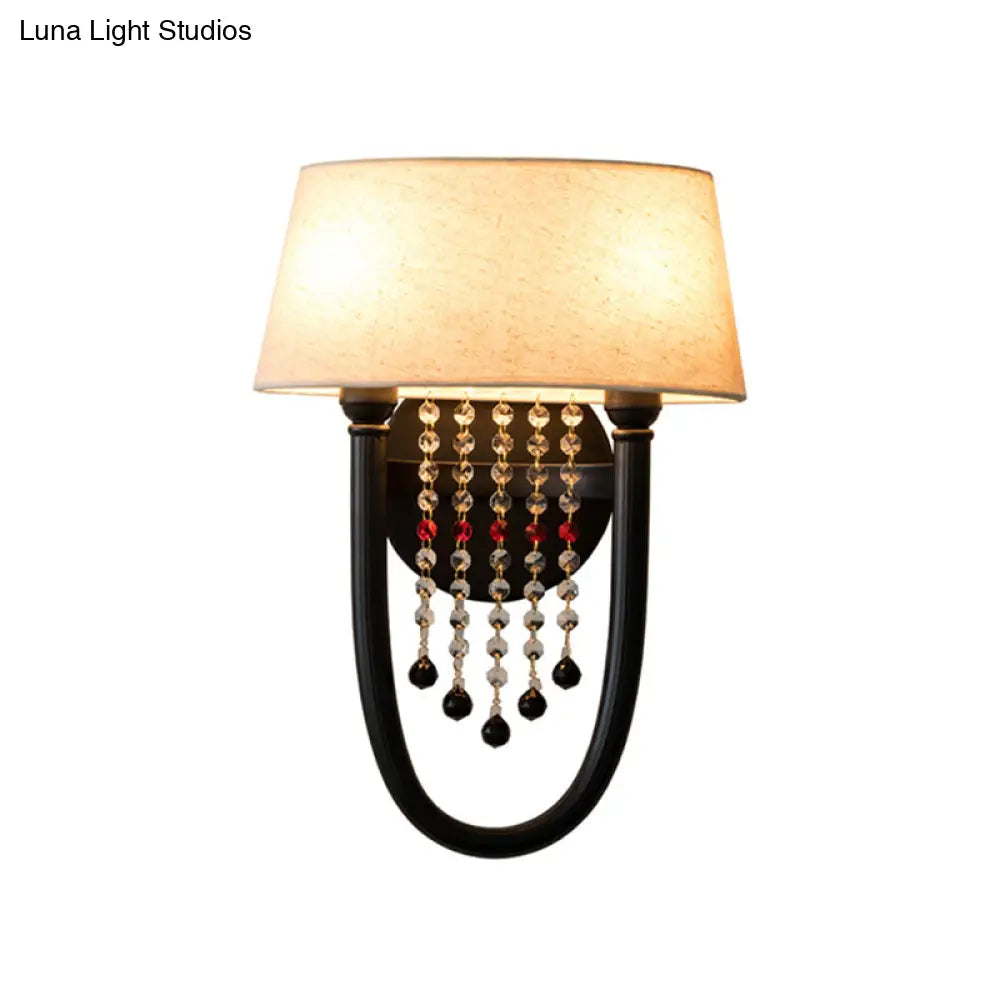 Drum Wall Sconce: Lodge Style Fabric Lamp With Crystal Bead Detail 2 Bulbs And U-Shaped Arm In Black