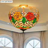 Elegant Mediterranean Cut Glass Rose Semi Flush Lighting - 3 - Light Beige/Pink/Orange Ceiling