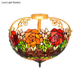 Elegant Mediterranean Cut Glass Rose Semi Flush Lighting - 3 - Light Beige/Pink/Orange Ceiling