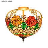 Elegant Mediterranean Cut Glass Rose Semi Flush Lighting - 3 - Light Beige/Pink/Orange Ceiling