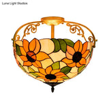 Elegant Mediterranean Cut Glass Rose Semi Flush Lighting - 3 - Light Beige/Pink/Orange Ceiling