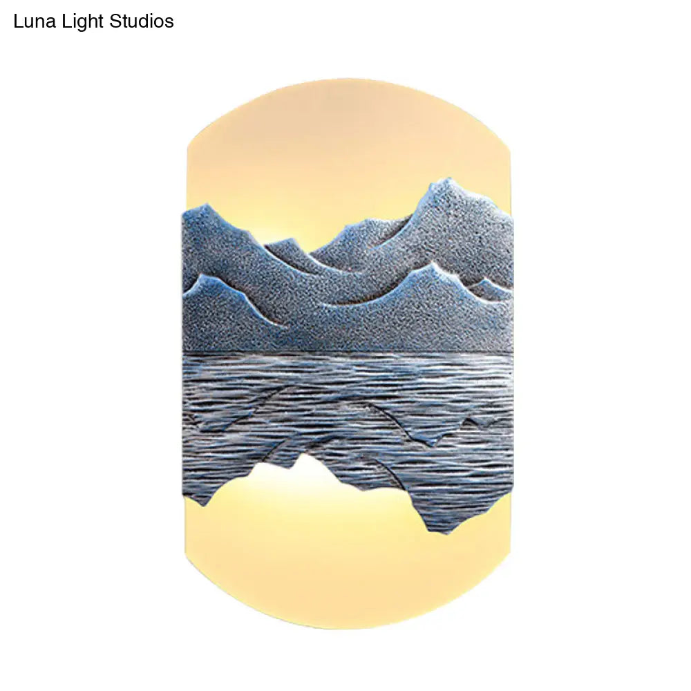 Elegant Oval Corridor Mountain Wall Mural Led Oriental Style Light Fixture In Silver/Brown
