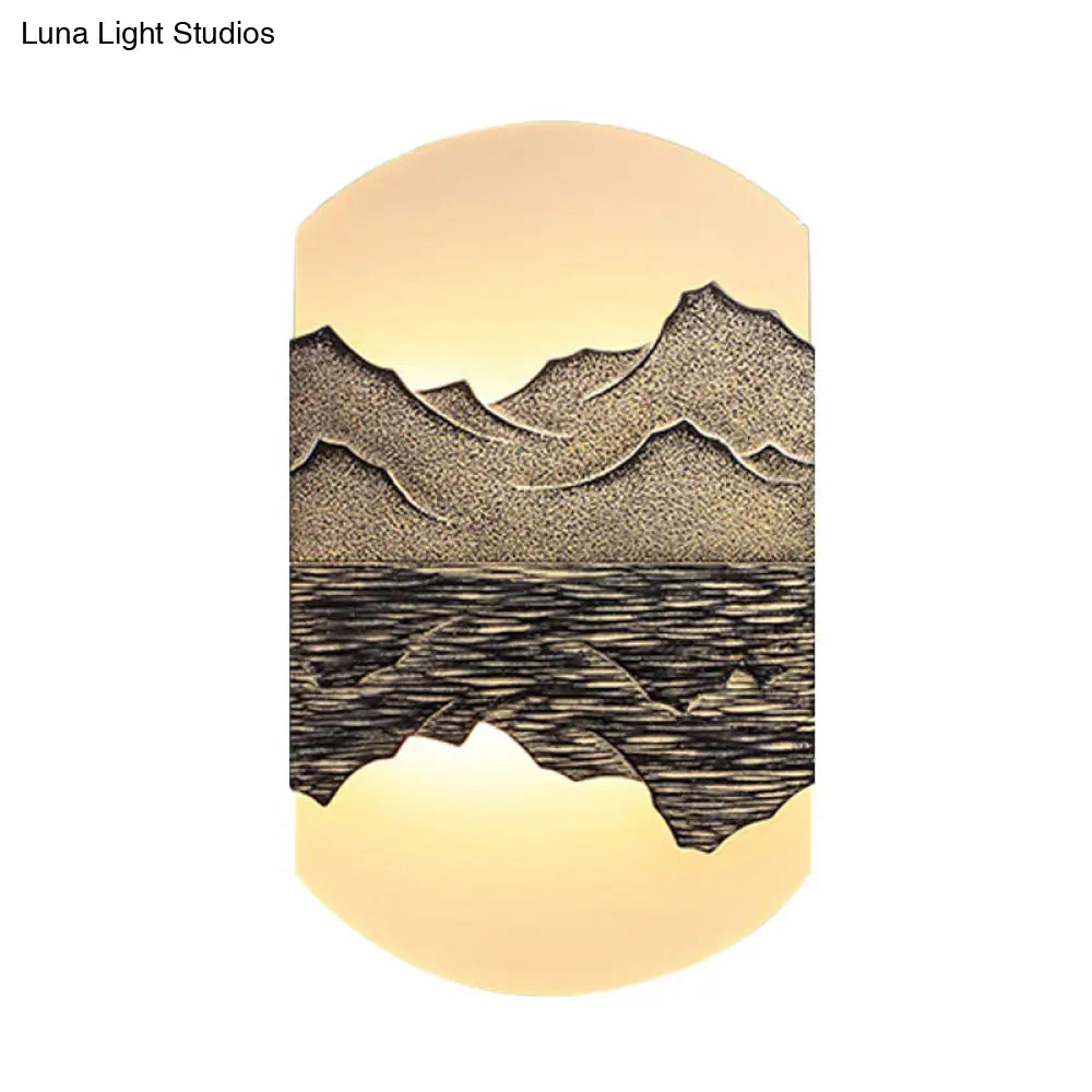 Elegant Oval Corridor Mountain Wall Mural Led Oriental Style Light Fixture In Silver/Brown