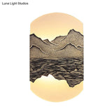 Elegant Oval Corridor Mountain Wall Mural Led Oriental Style Light Fixture In Silver/Brown