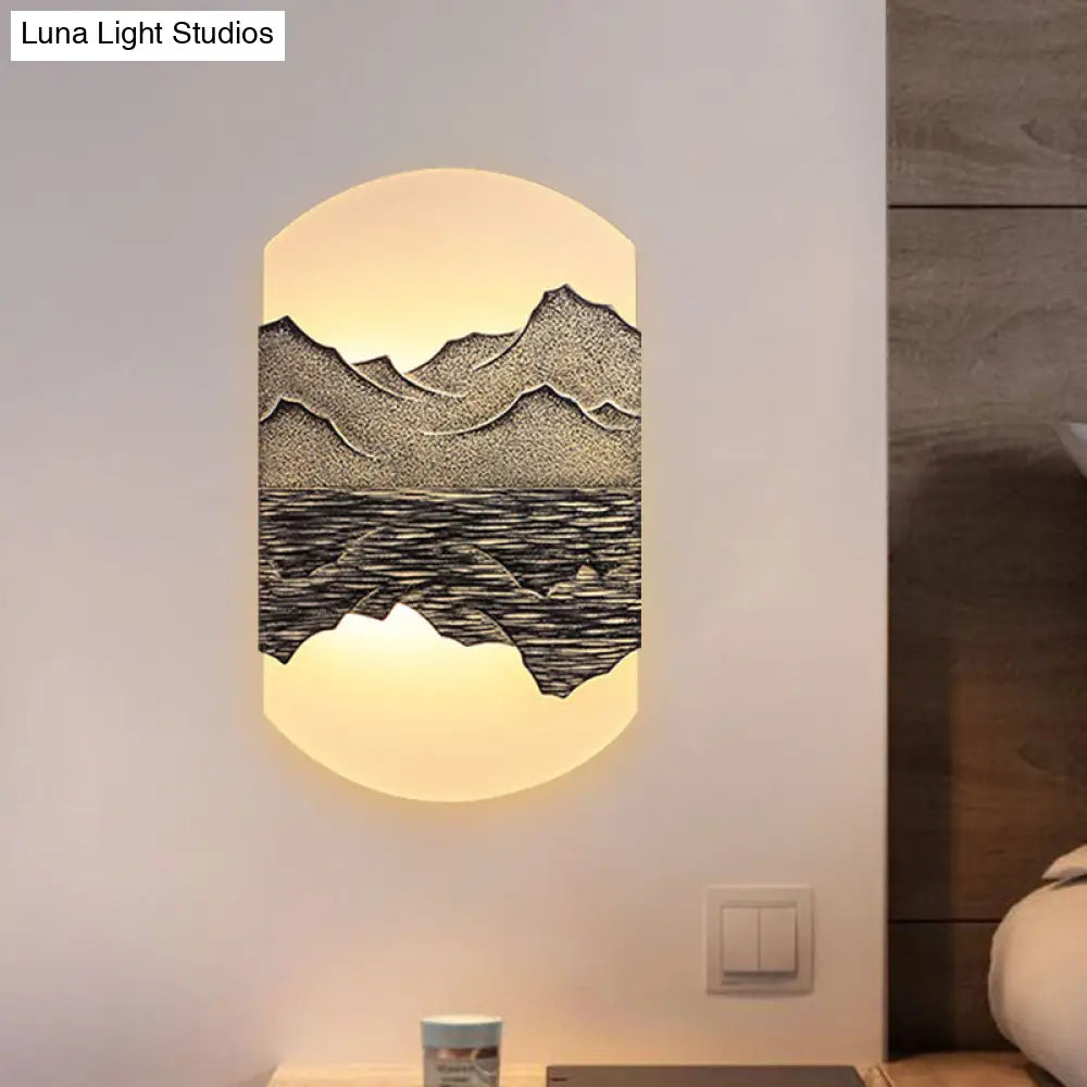 Elegant Oval Corridor Mountain Wall Mural Led Oriental Style Light Fixture In Silver/Brown