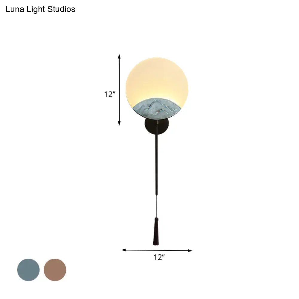 Elegant Oval Corridor Mountain Wall Mural Led Oriental Style Light Fixture In Silver/Brown