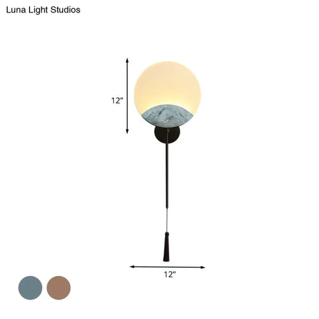 Elegant Oval Corridor Mountain Wall Mural Led Oriental Style Light Fixture In Silver/Brown