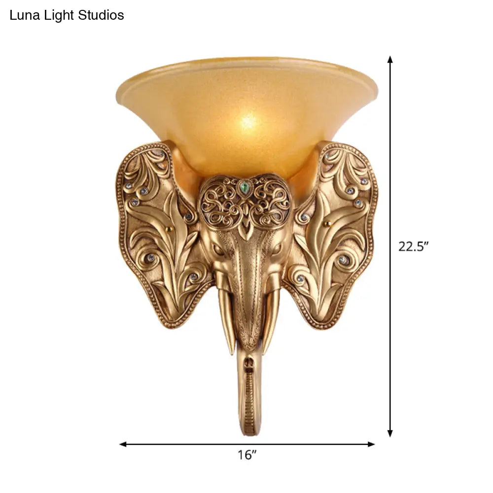 Elephant Head Design Wall Lamp - Gold Single Light Warehouse Amber Glass Bell Lighting Fixture