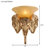 Elephant Head Design Wall Lamp - Gold Single Light Warehouse Amber Glass Bell Lighting Fixture