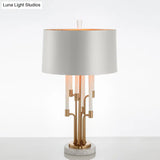 Elisa - Classic Traditional Drum Table Light 1 Fabric Nightstand Lighting In Inner Gold With Flute