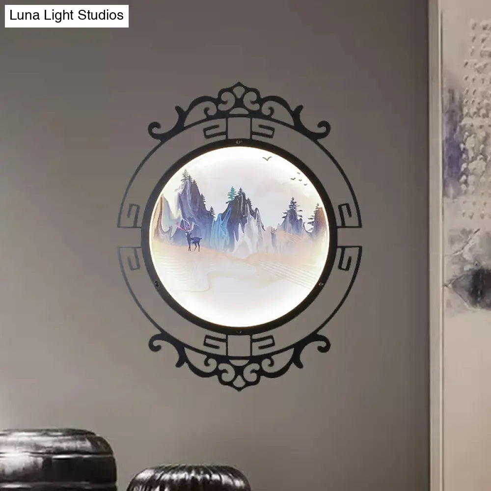Elk And Mountain Study Room Mural Lamp: Metal Asian Wall Light With Led Scroll Frame