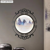 Elk And Mountain Study Room Mural Lamp: Metal Asian Wall Light With Led Scroll Frame