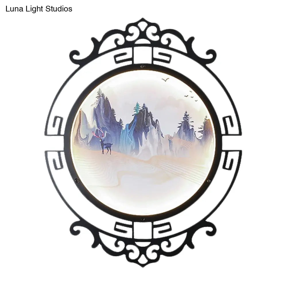 Elk And Mountain Study Room Mural Lamp: Metal Asian Wall Light With Led Scroll Frame
