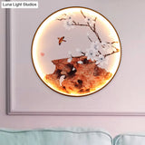 Elk/Bird Painting Wall Mural Lamp: Fabric Black Led Sconce Light Fixture For Tearoom In Asia