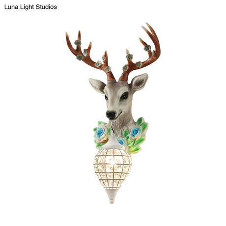 Elk Head Farmhouse Sconce: 1-Light Black & White Resin Wall Lamp With Flower Detail And Raindrop